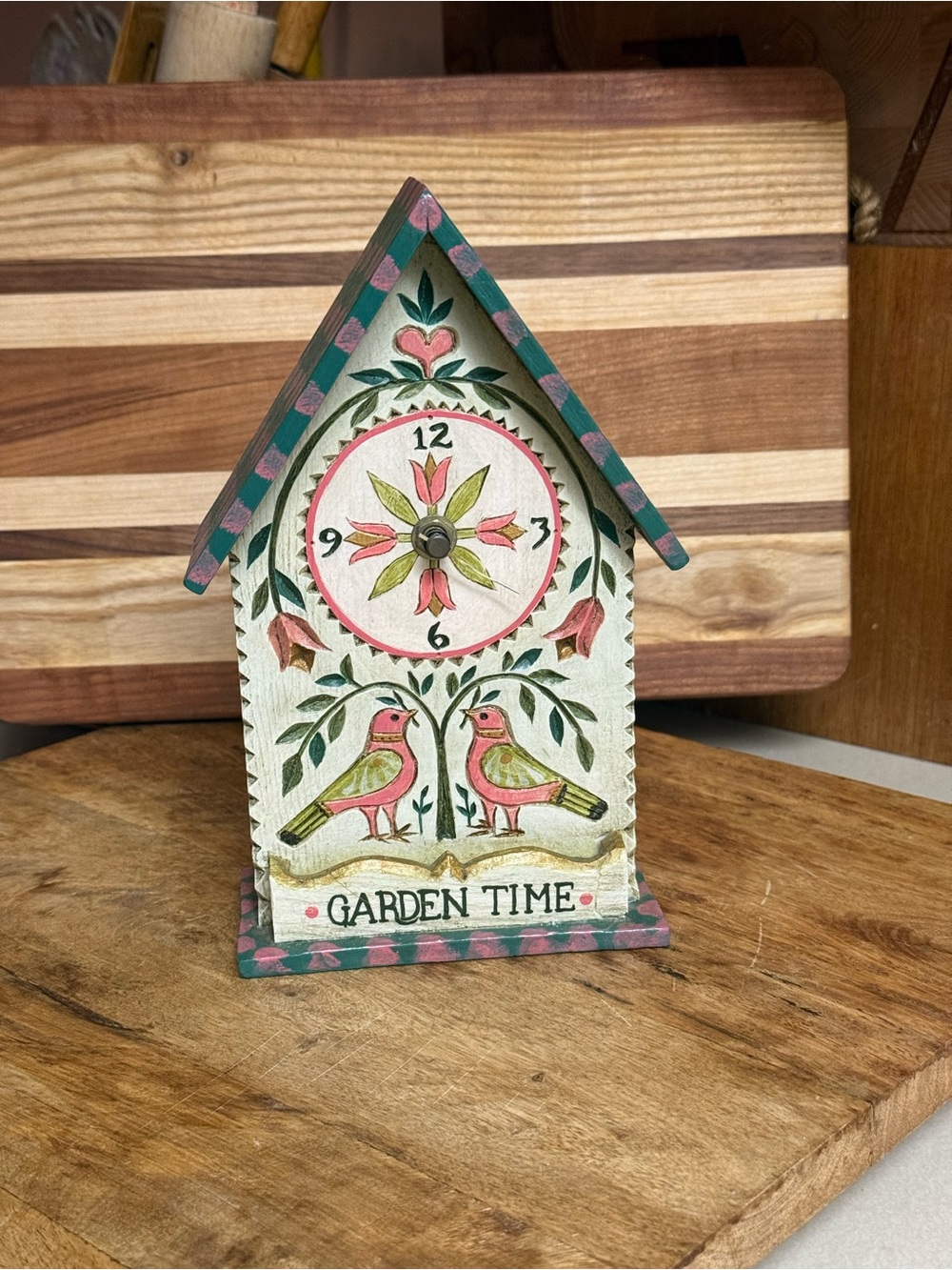 Hand-Painted and Carved Garden Time Wooden Wall Clock - Pink & Green